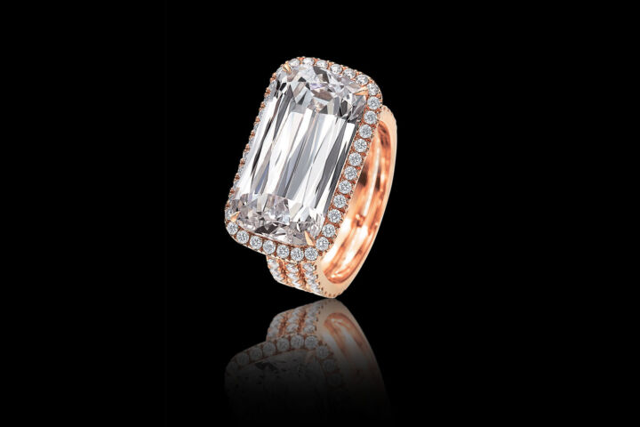ASHOKA Diamond Triple Row Jamie Ring in Rose Gold with a micropave diamond halo