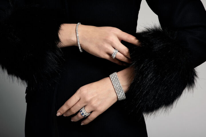 ASHOKA diamond tennis bracelet, eternity bands, sapphire eternity band, ASHOKA and brilliant cut diamond bracelet on model